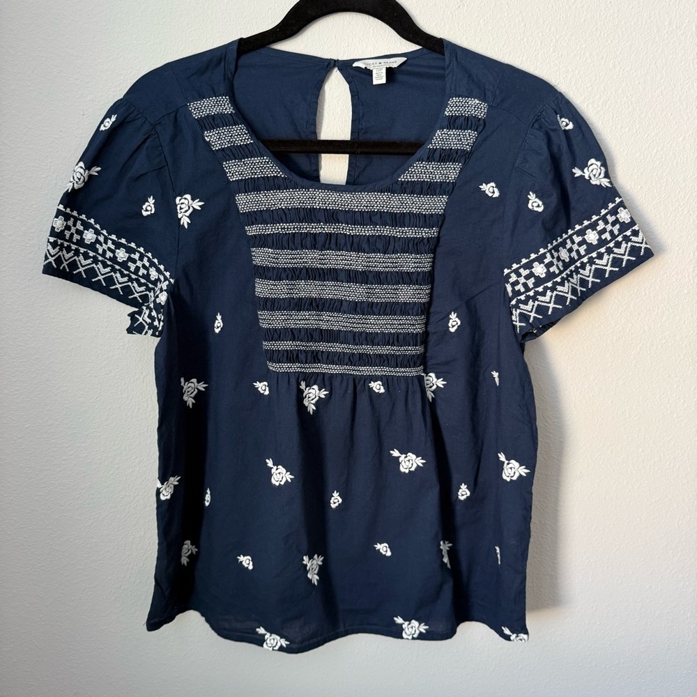 Lucky Brand Navy Blue Embroidered Floral Short Sleeve Women's Top